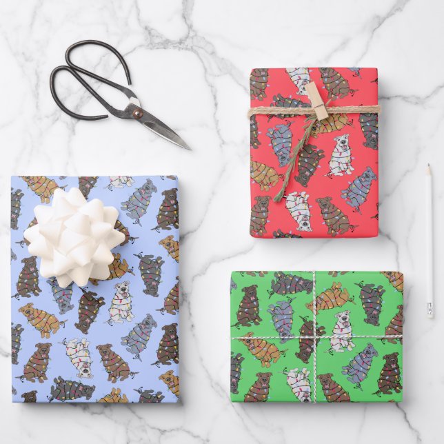 Pitbull Holiday Confetti - rot, blau, grün  Geschenkpapier Set (Vorderseite)