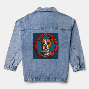 Pitbull Hund auf blauem Hintergrund mit Ketten Jeansjacke