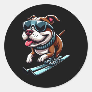 Pitbull-Hund beim Skifahren Wintersport Spaß Runder Aufkleber
