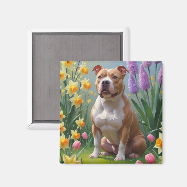 Pitbull-Hund-Frühlingsblumen-Gemälde  Magnet (Vorderseite/Rückseite)