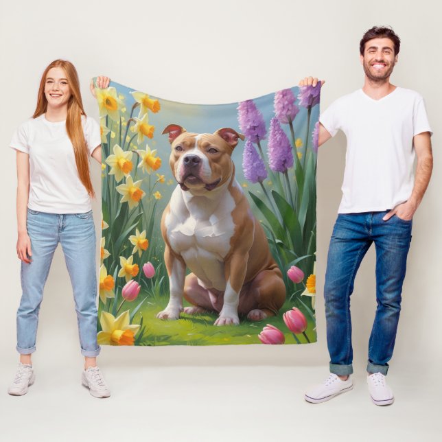 Pitbull-Hund-Frühlingsblumen-Malerei  Fleecedecke (Beispiel)