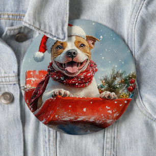 Pitbull-Hund im Schlitten Lass es schneien Weihnac Button