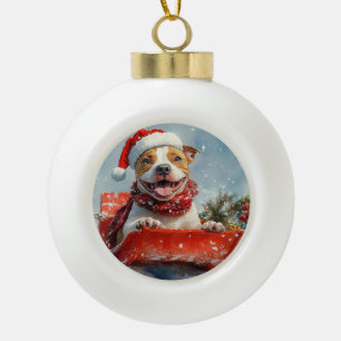 Pitbull-Hund im Schlitten Lass es schneien Weihnac Keramik Kugel-Ornament