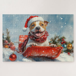 Pitbull-Hund im Schlitten Lass es schneien Weihnac Puzzle