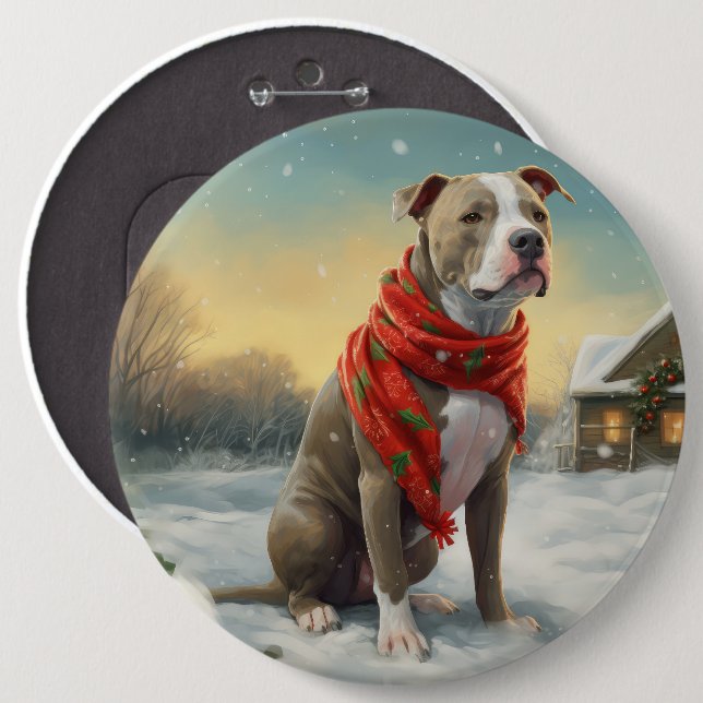 Pitbull Hund im Schnee Weihnachten Button (Vorne & Hinten)