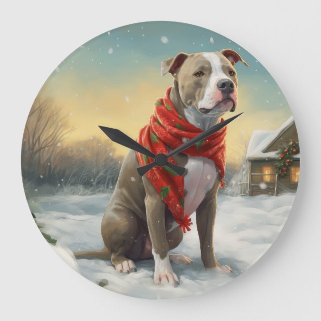 Pitbull Hund im Schnee Weihnachten Große Wanduhr (Vorderseite)