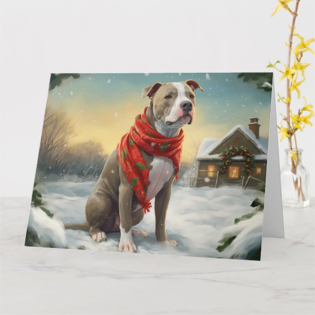 Pitbull Hund im Schnee Weihnachten Karte (Gelbe Blume)