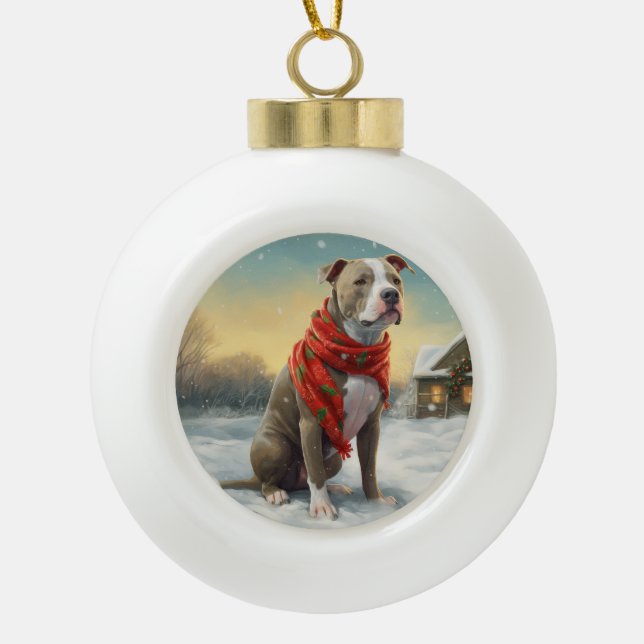 Pitbull Hund im Schnee Weihnachten Keramik Kugel-Ornament (Vorderseite)