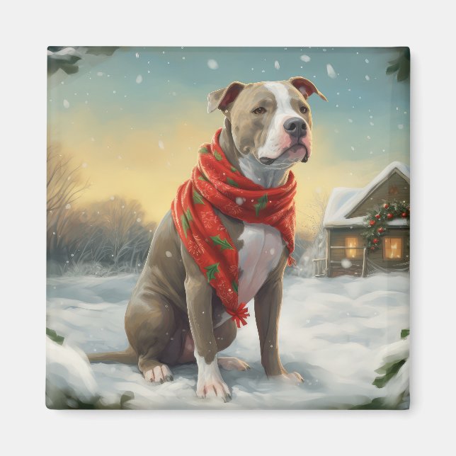 Pitbull Hund im Schnee Weihnachten Magnet (Vorne)