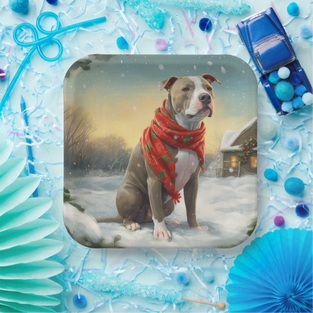 Pitbull Hund im Schnee Weihnachten Pappteller (Party)
