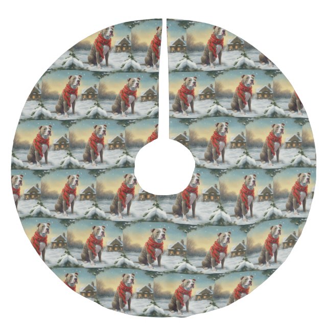 Pitbull Hund im Schnee Weihnachten Polyester Weihnachtsbaumdecke (Vorderseite)