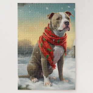 Pitbull Hund im Schnee Weihnachten Puzzle