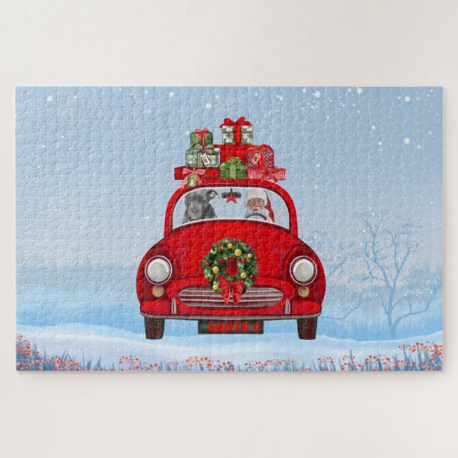 Pitbull Hund in Auto mit dem Weihnachtsmann Puzzle (Horizontal)