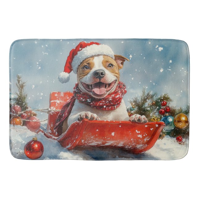 Pitbull Hund in Sledge Lass es Schnee Weihnachten Badematte (Vorderseite)