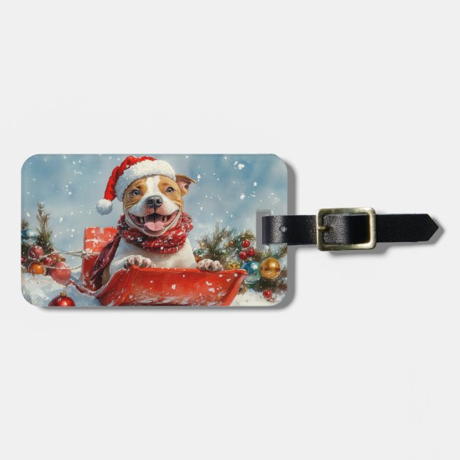 Pitbull Hund in Sledge Lass es Schnee Weihnachten Gepäckanhänger (Vorderseite horizontal)