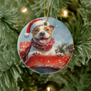 Pitbull Hund in Sledge Lass es Schnee Weihnachten Keramik Ornament