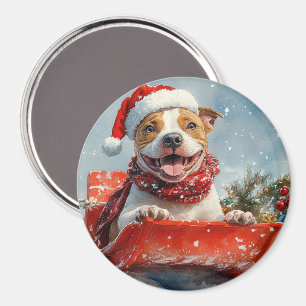 Pitbull Hund in Sledge Lass es Schnee Weihnachten Magnet