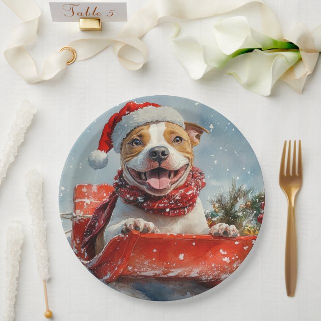 Pitbull Hund in Sledge Lass es Schnee Weihnachten Pappteller (Hochzeit)
