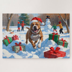 Pitbull Hund läuft im Schnee mit Weihnachtshut Puzzle