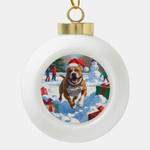 Pitbull-Hund läuft im Schnee mit Weihnachtsmütze Keramik Kugel-Ornament
