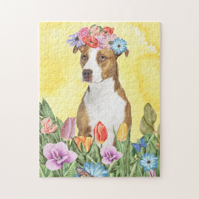 Pitbull Hund mit Blume Frühjahr Puzzle (Vertikal)