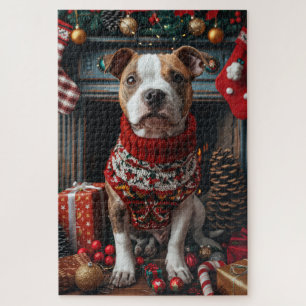 Pitbull Hund mit Weihnachtsgeschenken Feuerplatz Puzzle
