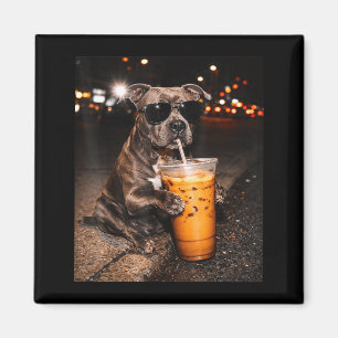 Pitbull-Hund trinkt Eiskaffee mit Sonnenbrille Magnet