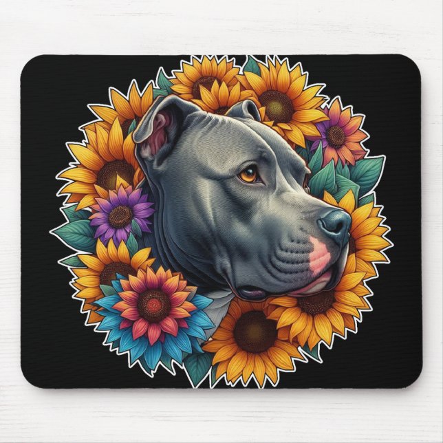 Pitbull Hund umgeben von blühenden Sonnenblumen Mousepad (Vorne)