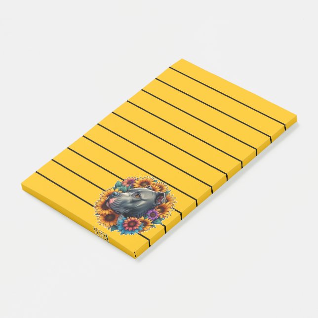 Pitbull Hund umgeben von blühenden Sonnenblumen Post-it Klebezettel (angewinkelt)