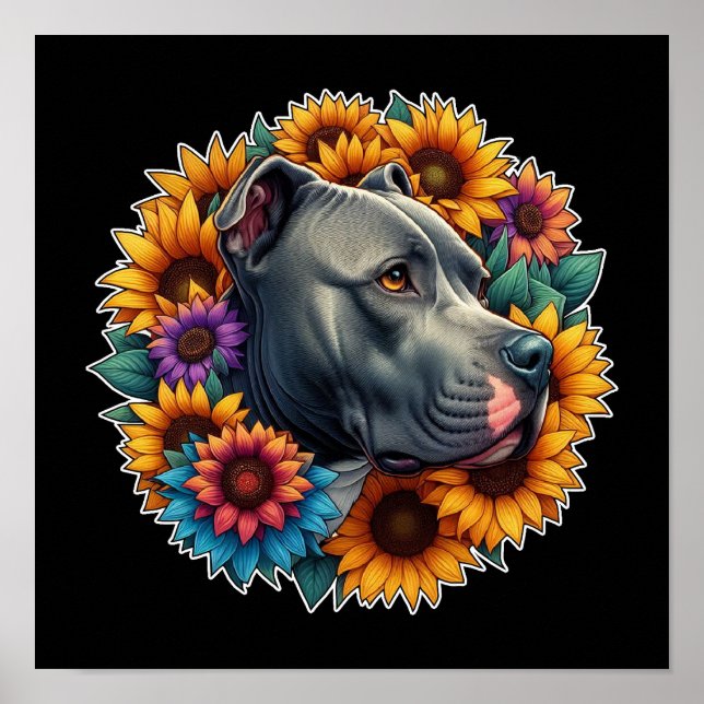 Pitbull Hund umgeben von blühenden Sonnenblumen Poster (Vorne)