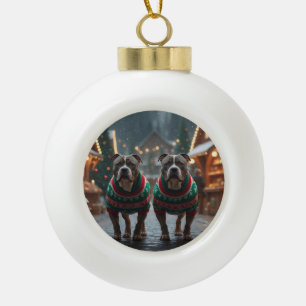 Pitbull Hunde Weihnachten Schnee Feiertag Keramik Kugel-Ornament