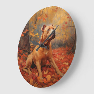 Pitbull im Herbst inspiriert fallende Blätter Große Wanduhr