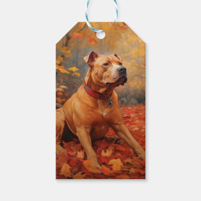 Pitbull im Herbst Leaves Fall Inspiriert Geschenkanhänger (Vorderseite)
