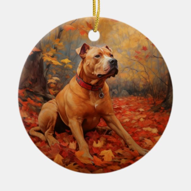 Pitbull im Herbst Leaves Fall Inspiriert Keramik Ornament (Vorne)