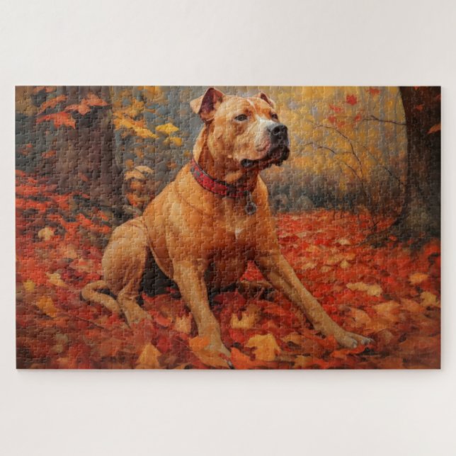 Pitbull im Herbst Leaves Fall Inspiriert Puzzle (Horizontal)