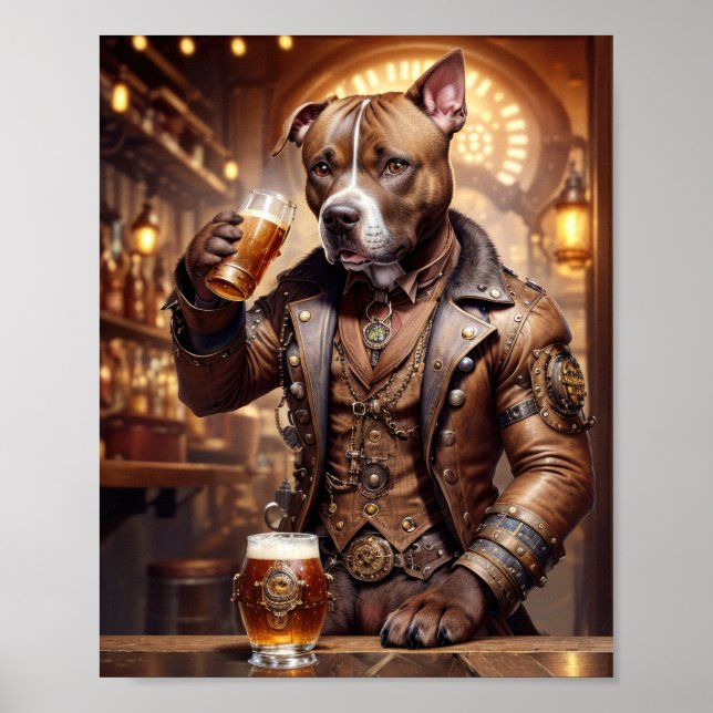 Pitbull in Steampunkkleid trinken Bier in einem Pu Poster (Vorne)