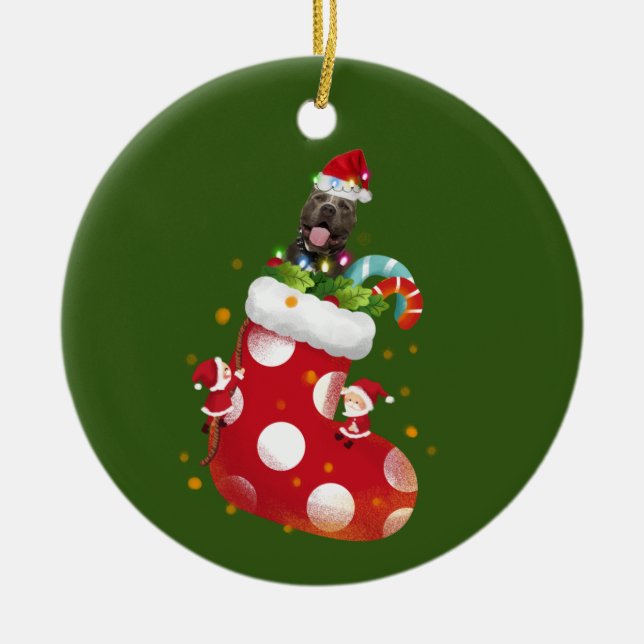 Pitbull mit Hat Sock Weihnachten Keramik Ornament (Vorne)