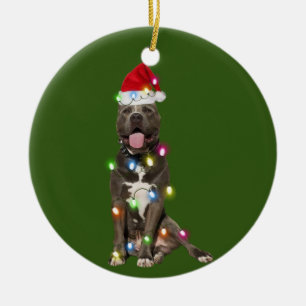 PITBULL mit Weihnachtssaftler-Weihnachtsmannmütze Keramik Ornament
