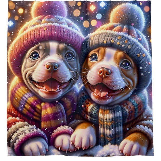 "Pitbull Puppies’ erster Schneefall - Winterkunst" Duschvorhang (Vorderseite)