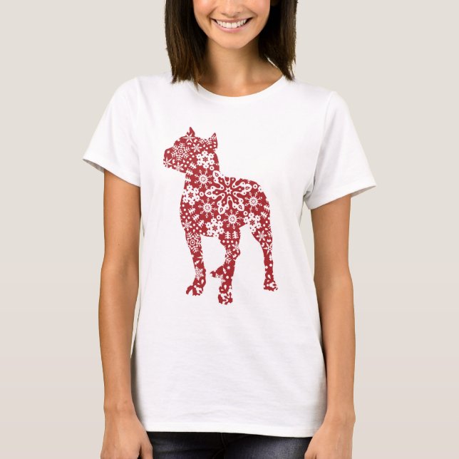 Pitbull, rote Boho Weihnachtsschneeflocken T-Shirt (Vorderseite)