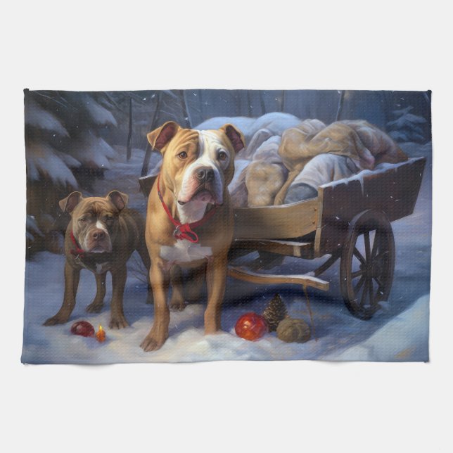 Pitbull Snowy Sleigh Weihnachtsdekor Geschirrtuch (Horizontal)