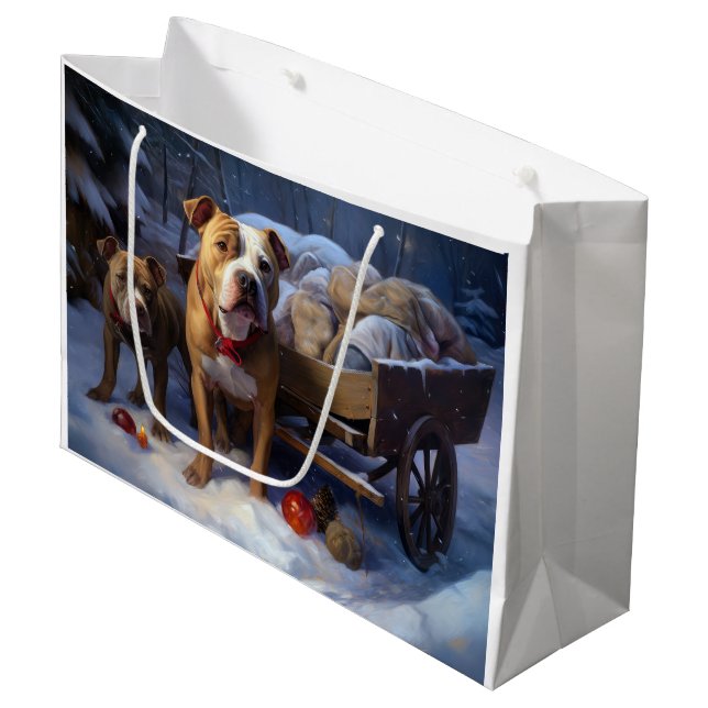 Pitbull Snowy Sleigh Weihnachtsdekor Große Geschenktüte (Vorderseite Schrägansicht)