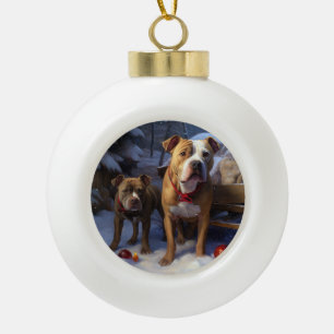 Pitbull Snowy Sleigh Weihnachtsdekor Keramik Kugel-Ornament