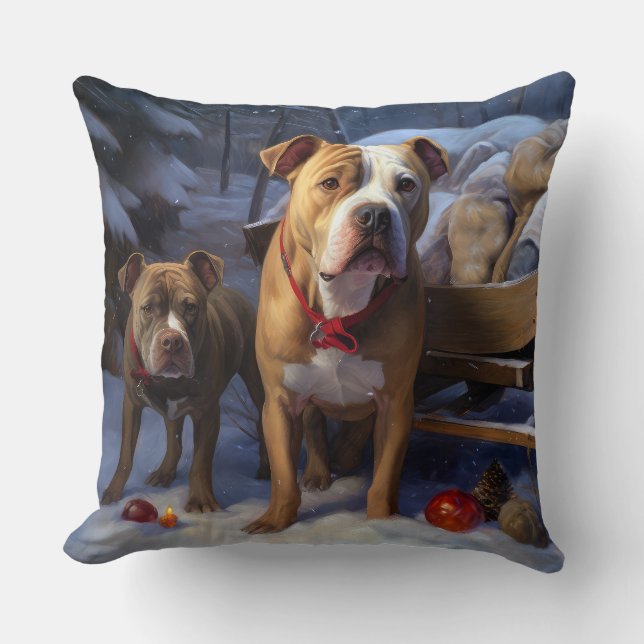 Pitbull Snowy Sleigh Weihnachtsdekor Kissen (Vorderseite)