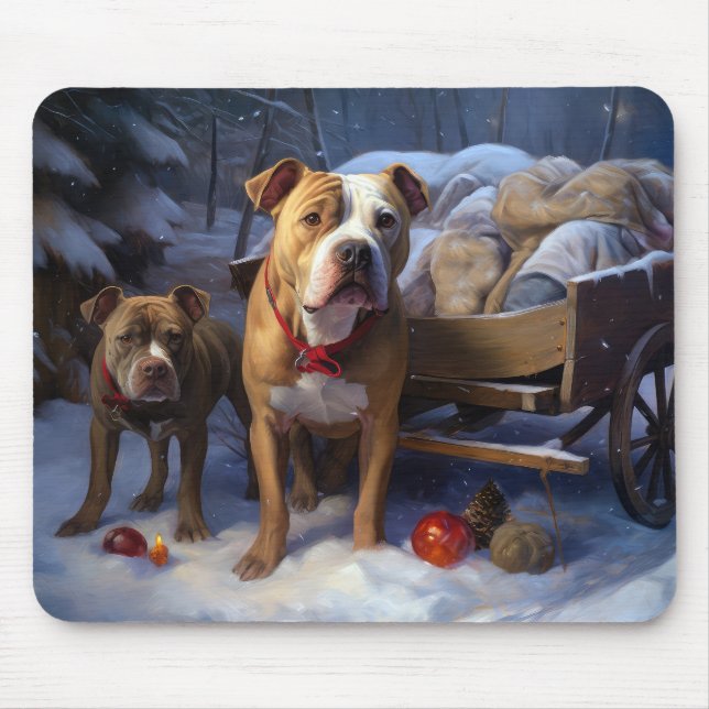 Pitbull Snowy Sleigh Weihnachtsdekor Mousepad (Vorne)