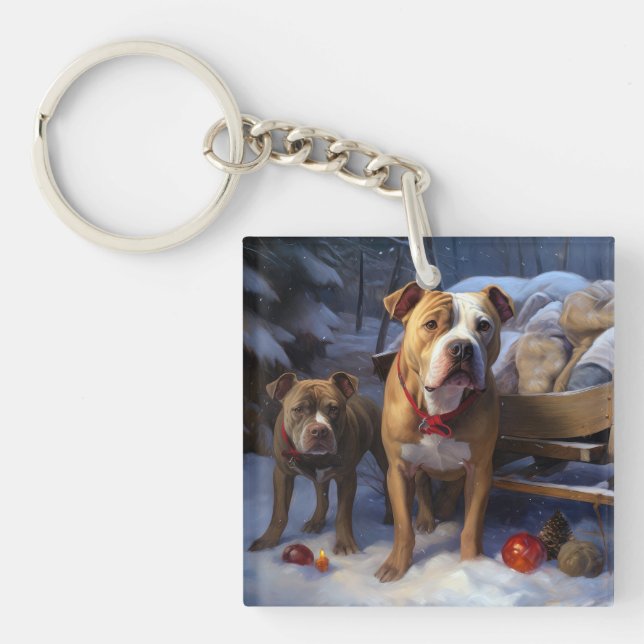 Pitbull Snowy Sleigh Weihnachtsdekor Schlüsselanhänger (Vorderseite)