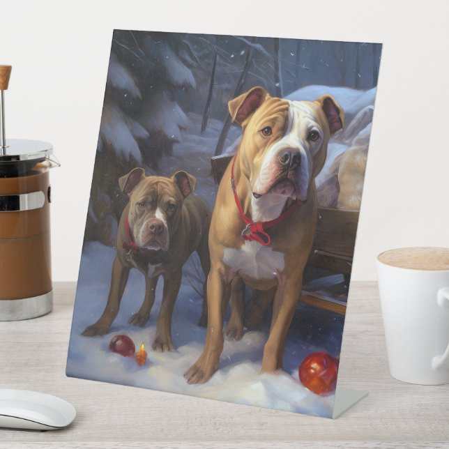 Pitbull Snowy Sleigh Weihnachtsdekor Sockelschild (In Situ)
