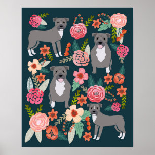 Pitbull Terrier Blumenhundekunst Poster