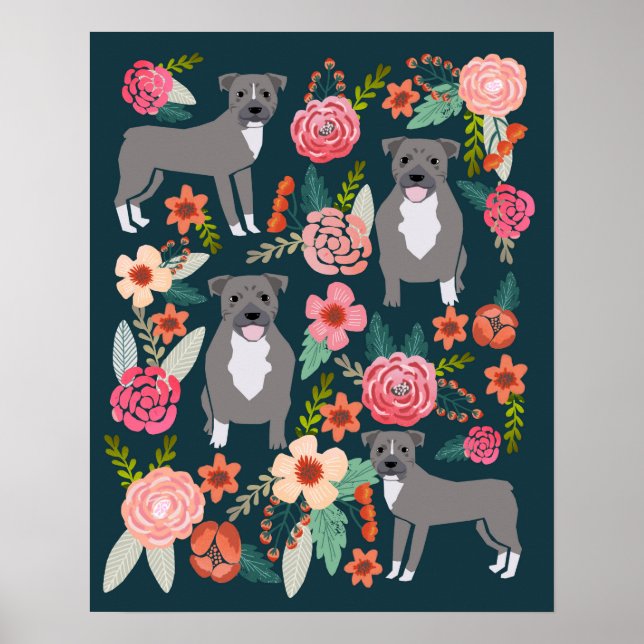Pitbull Terrier Floral Dog Art Poster (Vorne)