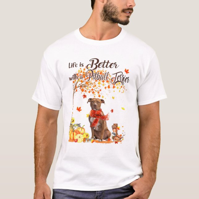 Pitbull Terrier Maple Tree Erntedank Day Niedlich  T-Shirt (Vorderseite)